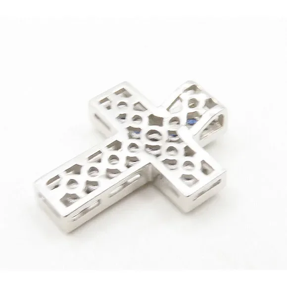 925 Sterling Silver - Shiny Blue & White Topaz Religious Cross Pendant - PT13102 - Picture 4 of 5